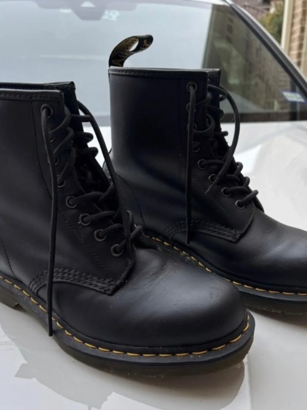 Dr. Martens Black Leather Lace-Up Boots with Yellow Stitching